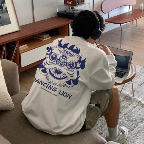 新年風休閒寬鬆重磅束口t恤潮男高街純棉260g打底長袖春秋款