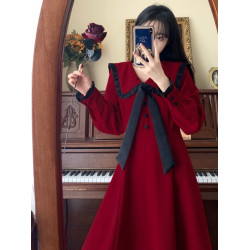 12嵗女大童新年紅色裙子15初中學生13少女孩娃娃領連衣裙秋冬長裙