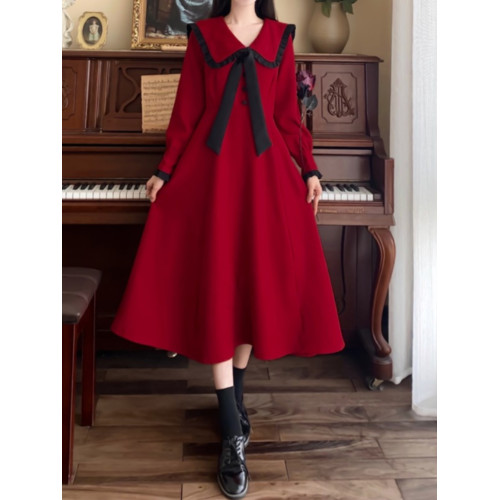 12嵗女大童新年紅色裙子15初中學生13少女孩娃娃領連衣裙秋冬長裙