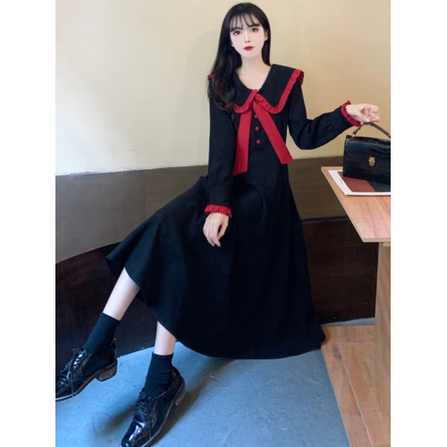 12嵗女大童新年紅色裙子15初中學生13少女孩娃娃領連衣裙秋冬長裙