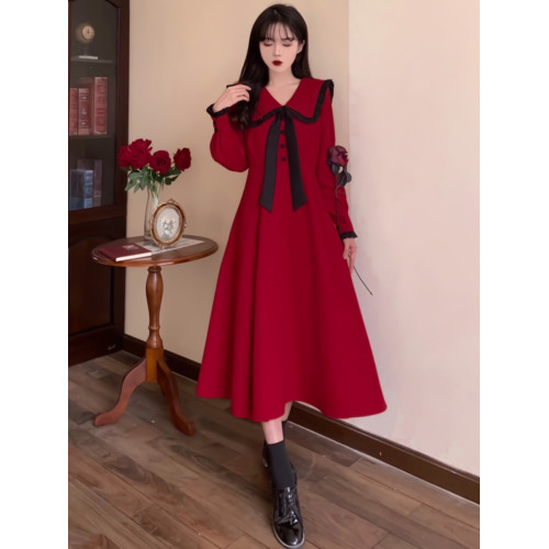 12嵗女大童新年紅色裙子15初中學生13少女孩娃娃領連衣裙秋冬長裙