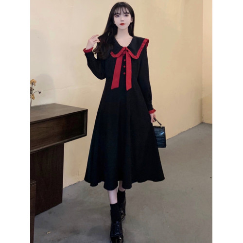 12嵗女大童新年紅色裙子15初中學生13少女孩娃娃領連衣裙秋冬長裙