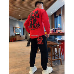 秋冬新年款發財刺綉加絨潮牌休閒套裝男寬鬆百搭燕尾衛衣束腳衛褲