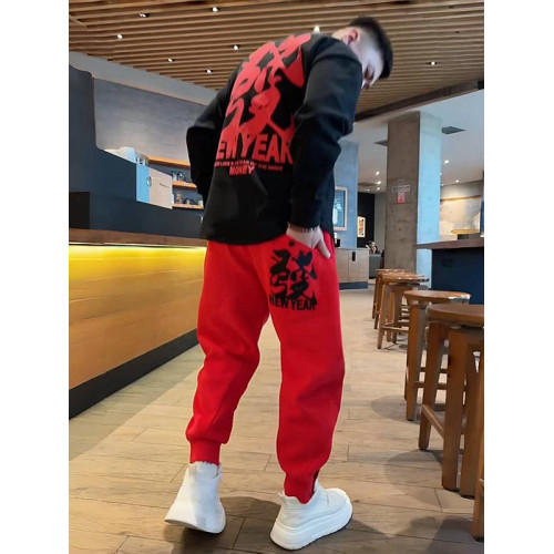 秋冬新年款發財刺綉加絨潮牌休閒套裝男寬鬆百搭燕尾衛衣束腳衛褲