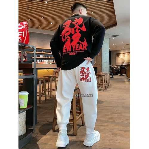 秋冬新年款發財刺綉加絨潮牌休閒套裝男寬鬆百搭燕尾衛衣束腳衛褲