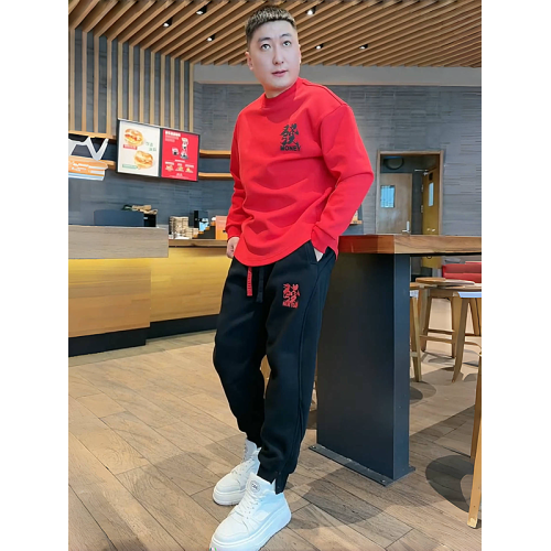 秋冬新年款發財刺綉加絨潮牌休閒套裝男寬鬆百搭燕尾衛衣束腳衛褲