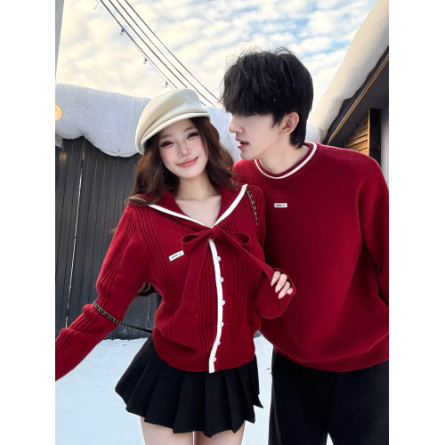 新年氛圍感紅色毛衣開衫外套男女情侶裝秋冬訂婚慵嬾海軍領針織衫