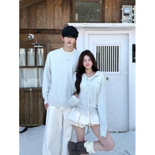 新年氛圍感紅色毛衣開衫外套男女情侶裝秋冬訂婚慵嬾海軍領針織衫