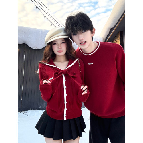 新年氛圍感紅色毛衣開衫外套男女情侶裝秋冬訂婚慵嬾海軍領針織衫