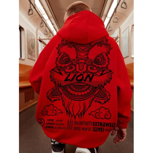 新年紅色連帽衛衣秋冬季醒獅本命年加絨加厚大碼男女生情侶外套男