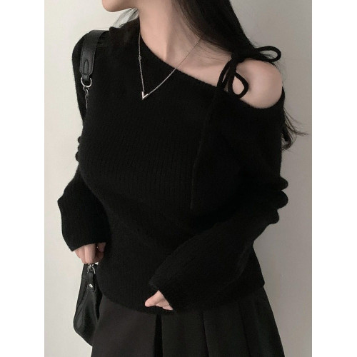 韓國chic早春設計款斜領系帶露肩新年紅毛衣修身顯瘦長袖針織衫女