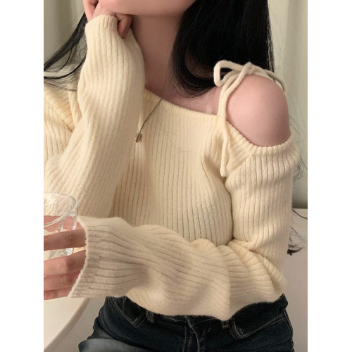 韓國chic早春設計款斜領系帶露肩新年紅毛衣修身顯瘦長袖針織衫女