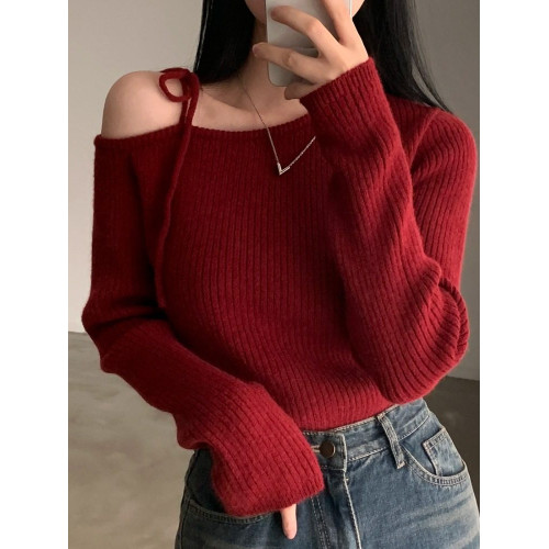 韓國chic早春設計款斜領系帶露肩新年紅毛衣修身顯瘦長袖針織衫女