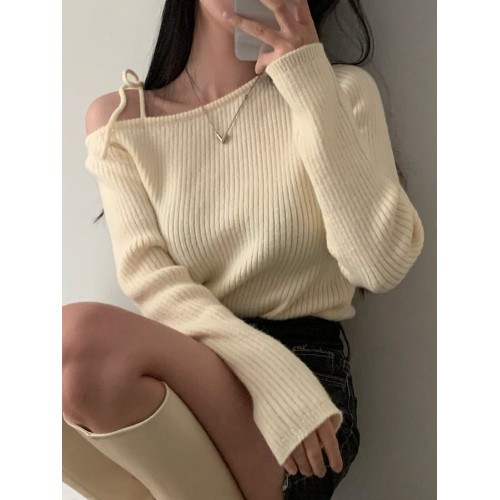 韓國chic早春設計款斜領系帶露肩新年紅毛衣修身顯瘦長袖針織衫女