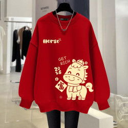 300斤大碼心想事成印花新年圓領衛衣馬年本命年新款紅色加絨上衣