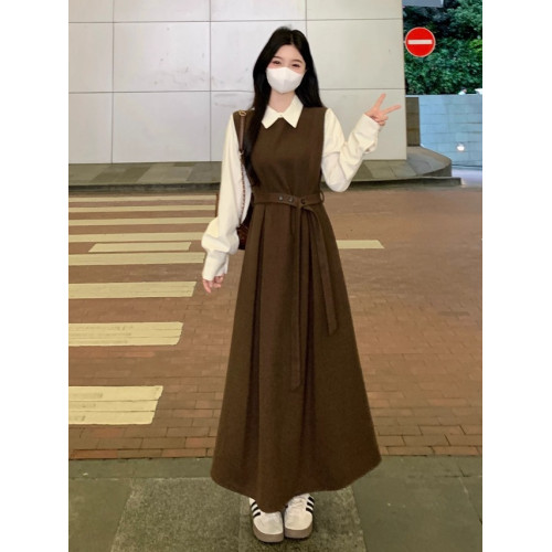 學生連衣裙加厚套裝裙秋冬新款大碼女長袖新年紅色燈芯絨背帶裙子