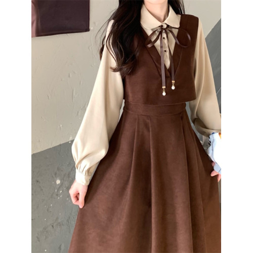 學生連衣裙加厚套裝裙秋冬新款大碼女長袖新年紅色燈芯絨背帶裙子