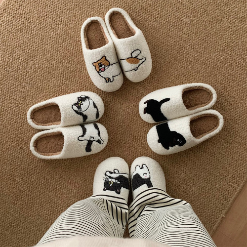 細細條 情侶家用保暖毛毛鞋趣味秋冬創意可愛小貓小狗棉拖鞋男女