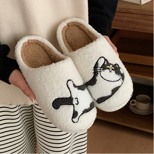 細細條 情侶家用保暖毛毛鞋趣味秋冬創意可愛小貓小狗棉拖鞋男女