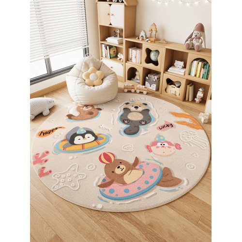 卡通可愛兒童房閲讀區圓形地毯2025新款客廳臥室裝飾床邊毯地墊小
