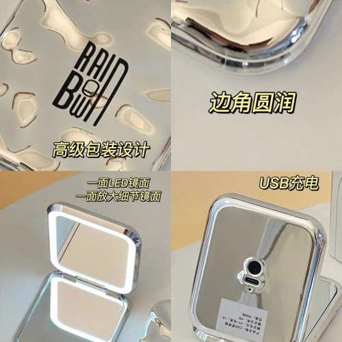 化妝鏡帶燈led隨身鏡外出可攜式小鏡子家用梳妝台桌面迷你折曡鏡