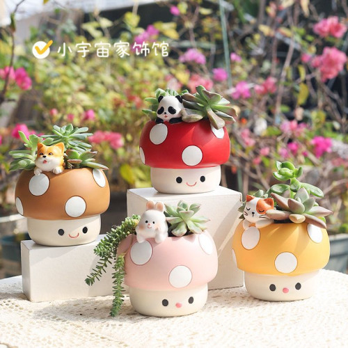 卡通蘑菇小兔柯基趣味園藝樹脂花盆創意工位桌面多肉盆栽裝飾花盆