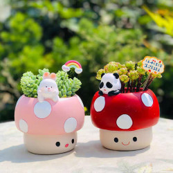 多肉可愛花盆粉紅色蘑菇兔子熊貓貓咪幼兒園辦公室盆栽桌面擺件