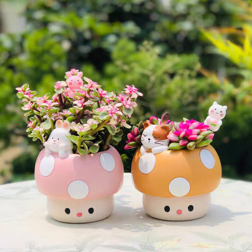 多肉可愛花盆粉紅色蘑菇兔子熊貓貓咪幼兒園辦公室盆栽桌面擺件