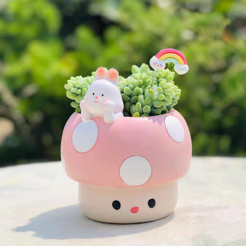 多肉可愛花盆粉紅色蘑菇兔子熊貓貓咪幼兒園辦公室盆栽桌面擺件