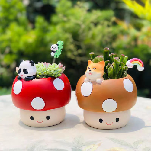 多肉可愛花盆粉紅色蘑菇兔子熊貓貓咪幼兒園辦公室盆栽桌面擺件