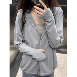 灰色冰絲防曬衣女夏2025新款戶外防紫外線防曬服寬鬆顯瘦連帽外套