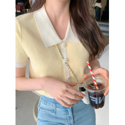 夏季法式撞色冰絲短袖針織衫女設計感小衆溫柔polo衫短款上衣t恤