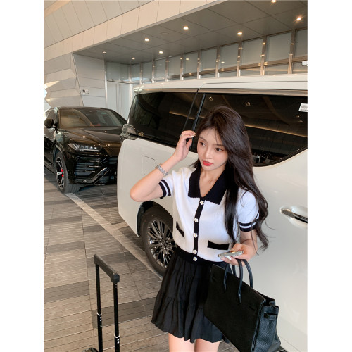 夏季法式撞色冰絲短袖針織衫女設計感小衆溫柔polo衫短款上衣t恤