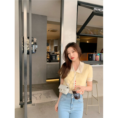 夏季法式撞色冰絲短袖針織衫女設計感小衆溫柔polo衫短款上衣t恤