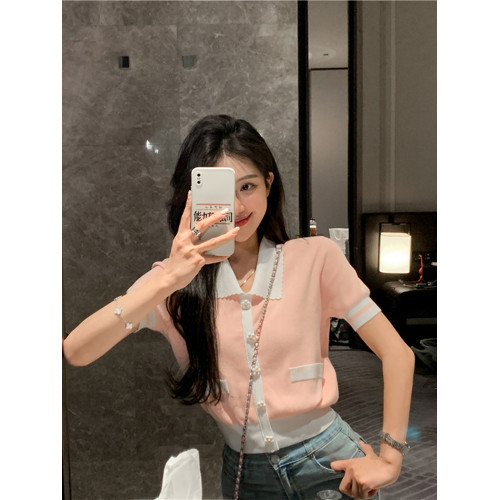 夏季法式撞色冰絲短袖針織衫女設計感小衆溫柔polo衫短款上衣t恤