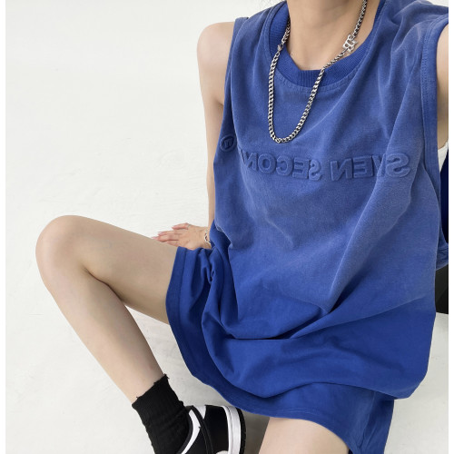 廢柴夏季ins美式復古重工設計感做舊背心寬鬆潮牌漸變無袖上衣女