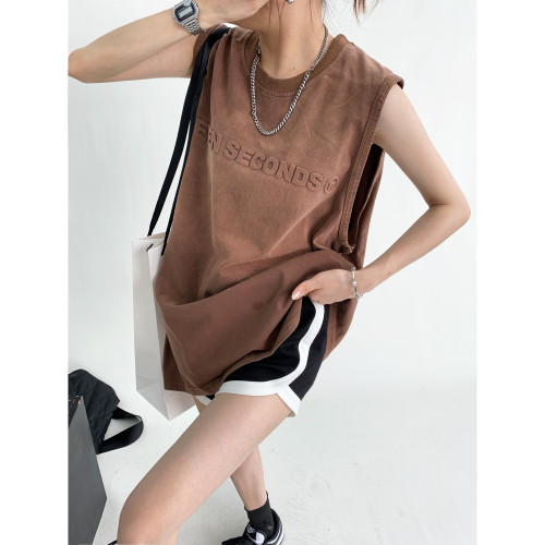 廢柴夏季ins美式復古重工設計感做舊背心寬鬆潮牌漸變無袖上衣女