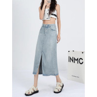 拉夏貝爾淺色開叉冰絲牛仔半身裙女夏季2026新款高腰a字中長裙子