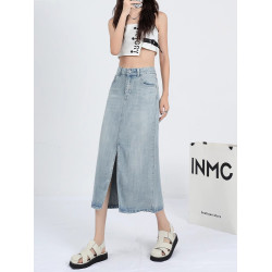 拉夏貝爾淺色開叉冰絲牛仔半身裙女夏季2026新款高腰a字中長裙子