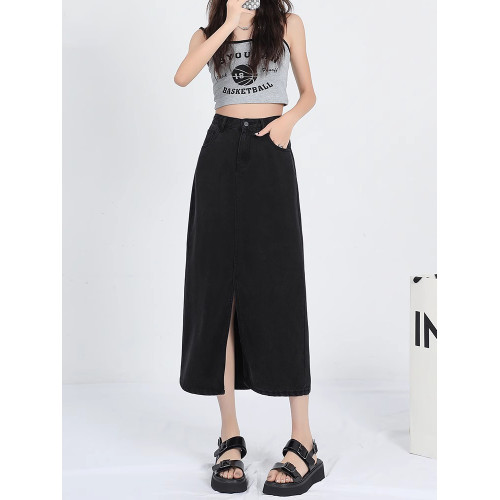 拉夏貝爾淺色開叉冰絲牛仔半身裙女夏季2026新款高腰a字中長裙子