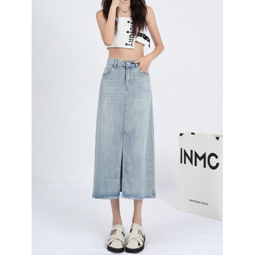 拉夏貝爾淺色開叉冰絲牛仔半身裙女夏季2026新款高腰a字中長裙子