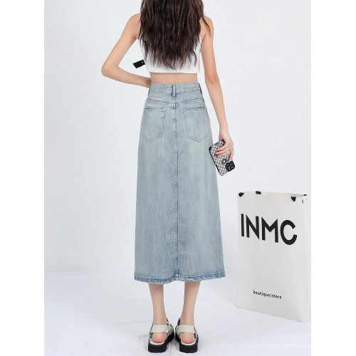 拉夏貝爾淺色開叉冰絲牛仔半身裙女夏季2026新款高腰a字中長裙子