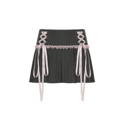 Amywya【法式小衆】甜辣妹蕾絲拼接條紋百褶裙低腰蝴蝶結綁帶短裙