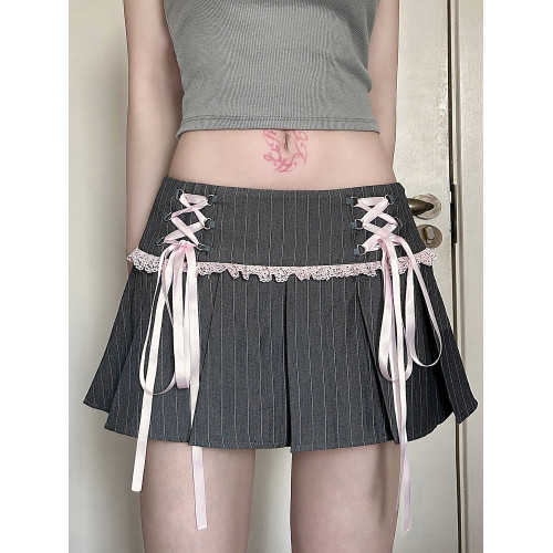 Amywya【法式小衆】甜辣妹蕾絲拼接條紋百褶裙低腰蝴蝶結綁帶短裙