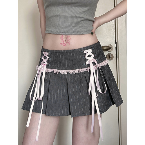 Amywya【法式小衆】甜辣妹蕾絲拼接條紋百褶裙低腰蝴蝶結綁帶短裙