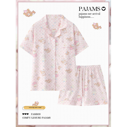 格子輕松熊純棉睡衣女款夏季短袖薄款ins卡通學生棉紗家居服套裝