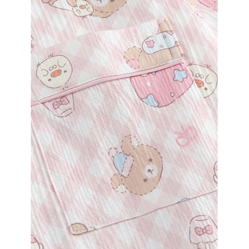 格子輕松熊純棉睡衣女款夏季短袖薄款ins卡通學生棉紗家居服套裝