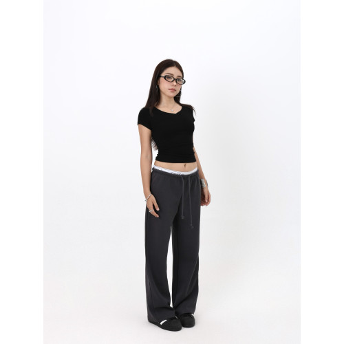 MIMIETTE小個子美式簡約直筒抽繩刺綉藏青色衛褲6661休閒百搭褲子