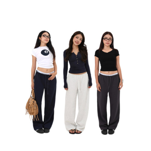 MIMIETTE小個子美式簡約直筒抽繩刺綉藏青色衛褲6661休閒百搭褲子