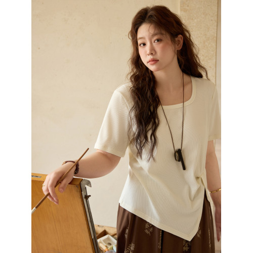 小儷大碼女裝 顯瘦十斤！遮肚抽皺不規則開叉U領正肩短袖T恤女夏